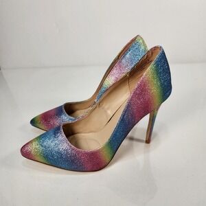 Anne Michelle Hibiscus 14S Womens Size 8 Pink‎ Blue Rainbow 3.5" High Heels
